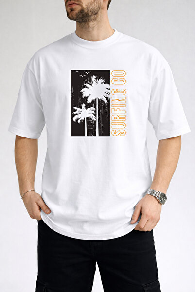 caddekombin Tricou alb pentru bărbați, cu imprimeu Palm Tree Silhouette Surfi...
