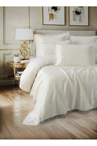 Talis Double Bed Linen Set and Pique Velour Blanket Cream, 100% Cotton