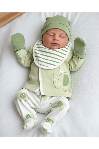 voyyo kids baby Erkek Bebek 5'li Fil Desenli, Şapkalı Önlüklü Eldivenli Hasta...