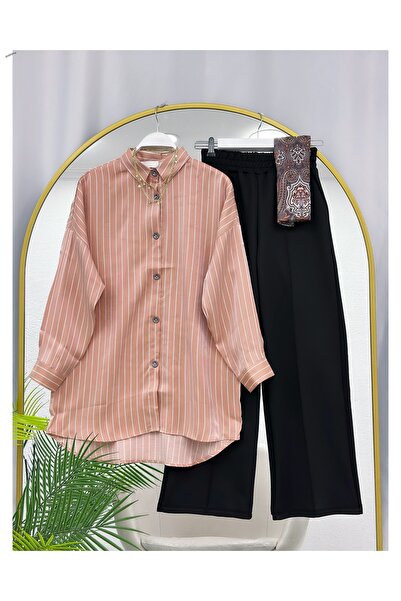 YEDİLALE Satin Striped Shirt and Straight-Legged Pants Two-Piece Set [Shirt i...