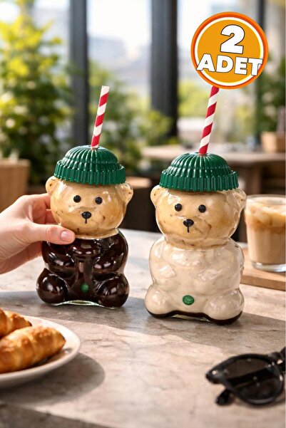 KaraWent Home 2'li Barista Tedy Ayıcıklı Soğuk İçeçek Bardağı Pipetli Trend B...