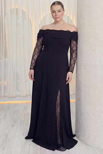 the ZKS Kadın Kayık Yaka Dantel Kollu Tasarım Büyük Beden Abiye Elbise