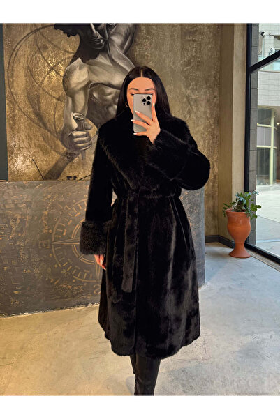 Markasız ucuz Yaka Ve Kol Detaylı Kuşaklı Uzun Boy Kürk Siyah