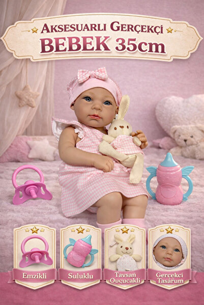 YILDIRIM OYUNCAK Aksesuarlı Gerçekçi Bebek 35 cm | Emzikli, Biberonlu, Tavşan...
