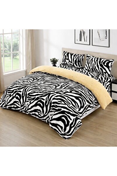 Talis Double Bed Linen with Elastic 180x200 Zebra Style, 4 Pieces, with Fur, ...
