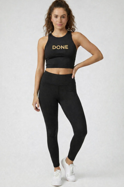 TWINTICKS Black Women's Yoga Pilates Set – Gold Printed Sports Top and Leggin...