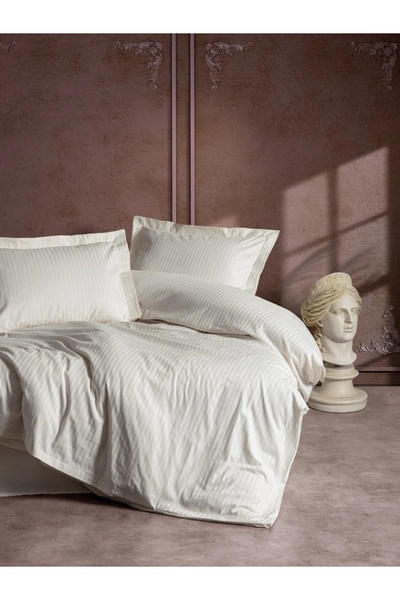 Talis Elegant Stripe Ecru Double Bed Linen, Satin Deluxe