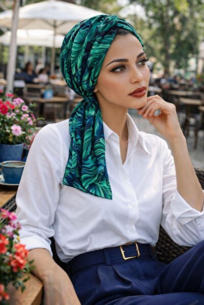 Aişe tesettür Siyah Yeşil Yaprak Büzgülü Eşarp Bone