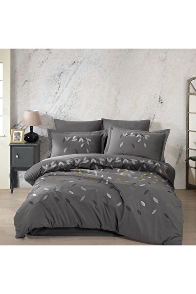 Talis Lidia Gray Double Poplin Bed Linen, 100% Cotton Poplin Embroidered 6 Pi...