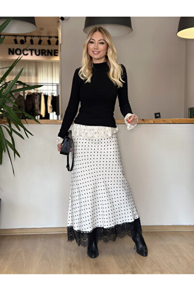 My Blog Ecru Satin Polka Dot Maxi Skirt with Lace Detail at the Hem - 50228