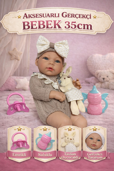 YILDIRIM OYUNCAK Aksesuarlı Gerçekçi Bebek 35 cm | Emzikli, Biberonlu, Tavşan...