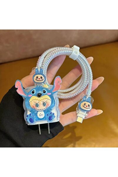 daystar İphone 18w/20w ile Uyumlu Şarj Aleti Kılıfı, Stitch Figürlü Kablo Kor...