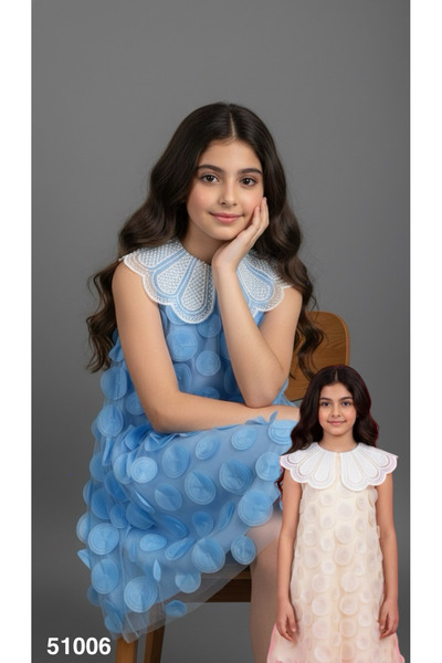 Rawai Roma Girls' occasion dress with an embroidered collar and raised circles