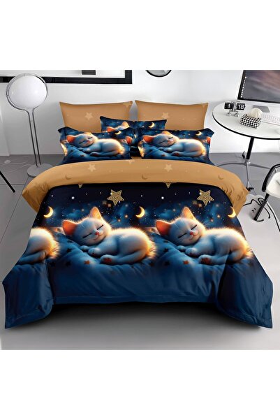 Talis 3D Blue Cat Double Bed Linen 6 Pieces, Finet