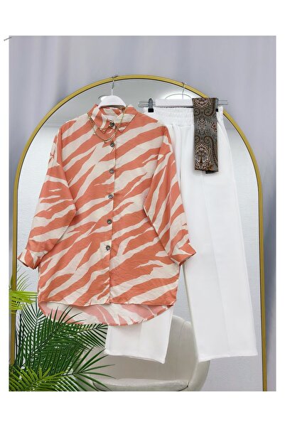 YEDİLALE طقم قميص بنمط مموج وبنطلون بقصة عادية مكون من قطعتين [باستثناء الشال...