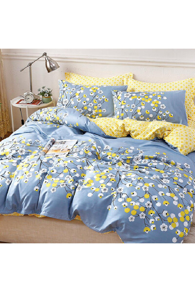Talis Blue Branch Double Bed Linen, 4 Pieces, Satin Cotton