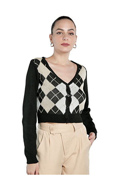 london Rag Women Black Full Sleeve Argyle Checks Cardigan