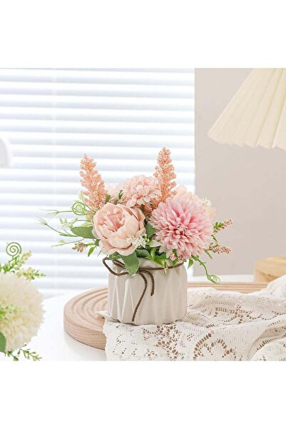 Generic زهور ديوتي الاصطناعية الوردية في أصيص، مزهرية سيراميك صغيرة، نباتات ز...