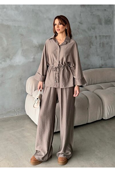 BEJNA Women's Waist-Tie Shirt and Pants Top and Bottom Set