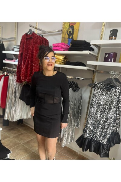 yaba butikk Siyah Transparan Detaylı Elbise