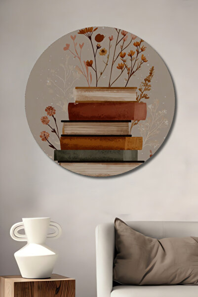 Teona Ahşap Bohem Kuru Çiçek ve Kitap Yığınları Sulu Boya Görünümlü Ahşap Dek...