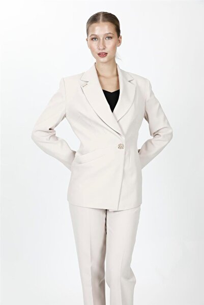 ÖNDER ÖZSOY Pleated Double-Breasted Single-Button Women's Jacket-Beige