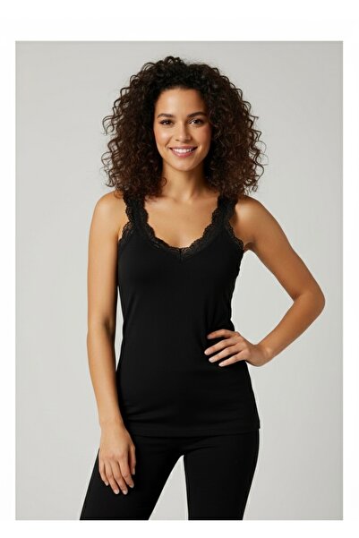 Lüx Er-şah Under Wear KADIN SİYAH LİKRALI DANTELLİ PAMUKLU ATLET