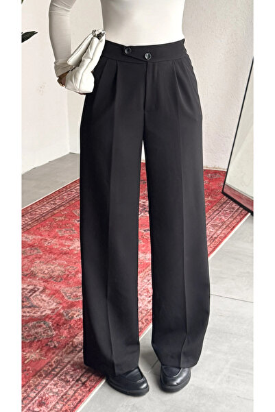 asfamoda Γυναικείο μαύρο υφασμάτινο παντελόνι κορεάτικου μοντέλου με ψηλόμεσο...