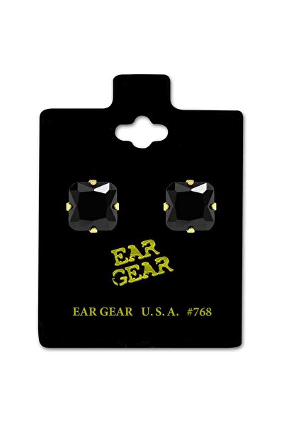 EAR GEAR Earring USA 24K Gold Plated with 8X8mm Black Cubic Zirconia Princess...