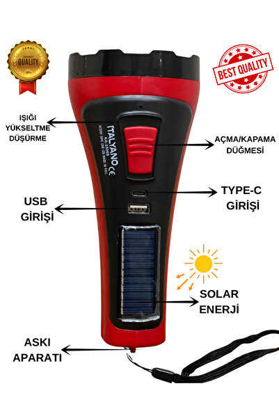 İtalyano İTALYANO-Solar Şarjlı LED El Feneri | Type-C & USB Çıkışlı | Güç Aya...