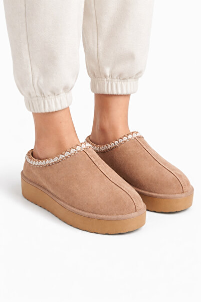 Ladaniva Shoes Kadın İçi Kürklü Kalın Taban Terlik-Vizon