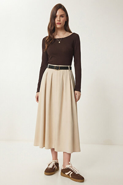 Lovelyİstanbul Belted Slit Midi Woven Skirt Lby0046 Cream