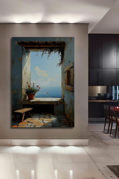 Teona Ahşap Deniz Manzaralı Pencereli Yağlı Boya Görünümlü Ahşap Dekoratif Ta...