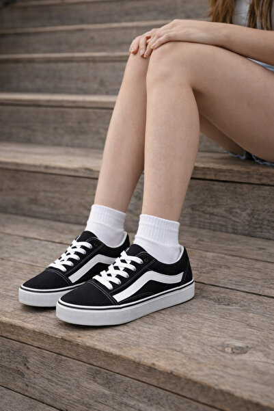 MİSSWEMODASHOES Unısex A kalite Siyah-Beyaz Keten Spor Ayakkabı