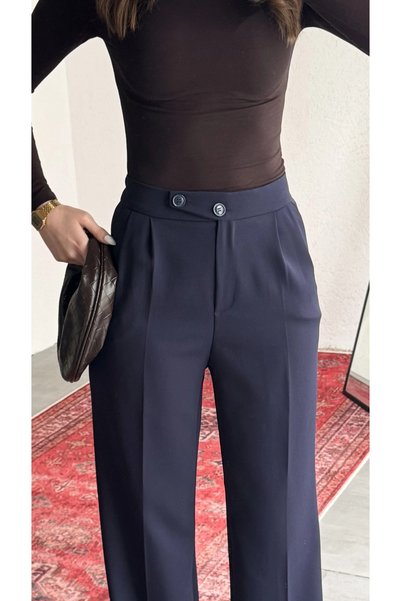 asfamoda Women's Laci High Waist Pleated Wide Leg Elastic Waist Korean Model Fabric Trousers