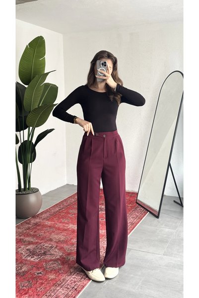 asfamoda Women's Cherry High Waist Pleated Wide Leg Elastic Waist Korean Model Fabric Pants