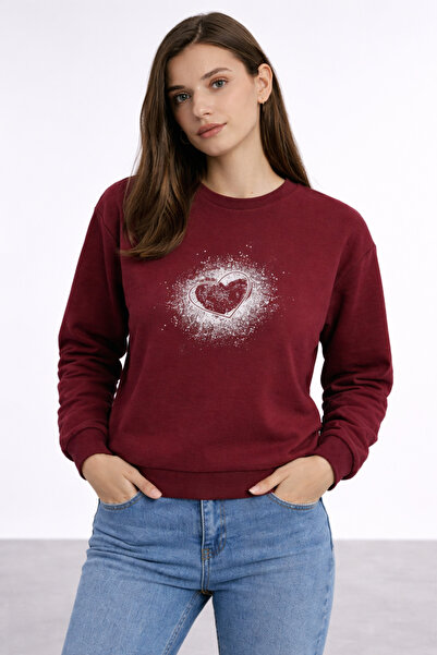 Polo State Women's Burgundy Heart Printed Regular Sweatshirt Daily Comfortabl...