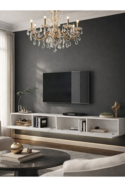 dorpek LED'li Tv Sehpa & Ünitesi, Duvara Monte Tv Ünitesi Beyaz 240 cm | Homeros