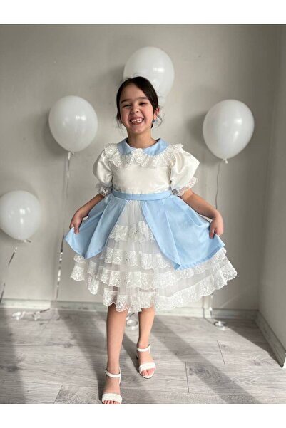 Sare Çocuk Giyim Βρεφικό μπλε δαντελένιο βραδινό φόρεμα μοντέλο Princess με λ...