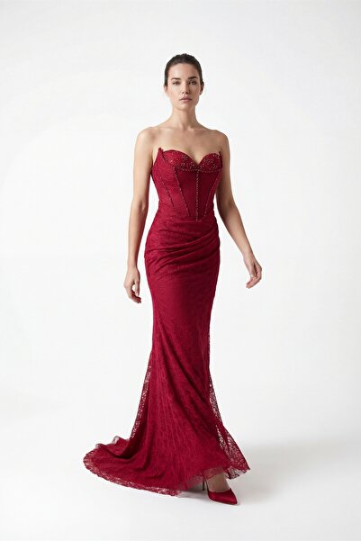 Lafaba Дамска бордо рокля с дантелени детайли, без презрамки и дълго деколте