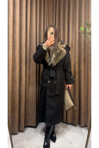 Maysa SİYAH KÜRK YAKA KUŞAKLI UZUN KABAN