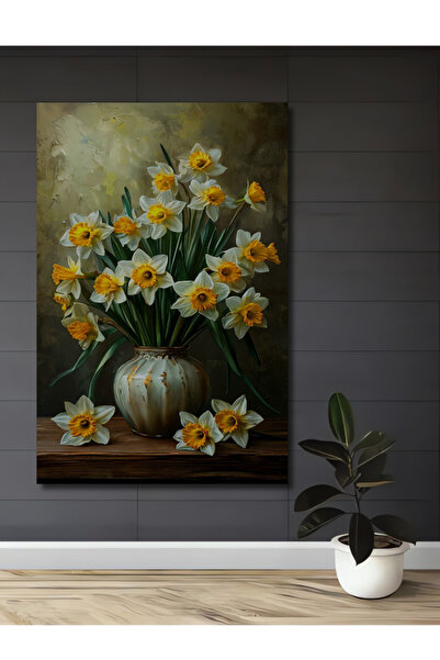 Teona Ahşap Baharın Müjdesi Sarı Beyaz Nergis Buketi Yağlı Boya Görünümlü Ahş...