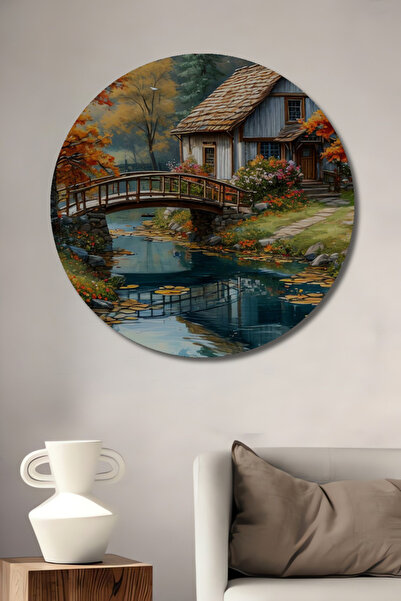 Teona Ahşap Sonbahar Manzaralı Köy Evi Sulu Boya Görünümlü Dekoratif Ahşap Ta...
