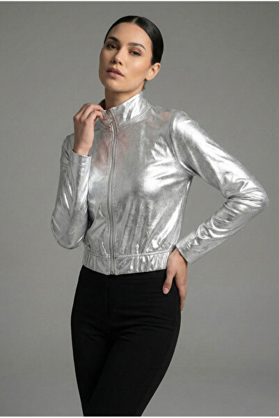 NEW JOURNAL Women's Silver Metallic Leather Look Zippered Jacket Nj22