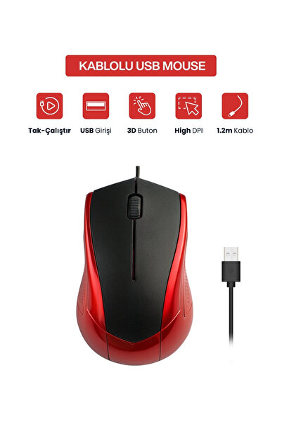 Concord USB Kablolu 3D Optik Mouse – 3 Tuş, Yüksek DPI Hassasiyetli Bilgisaya...