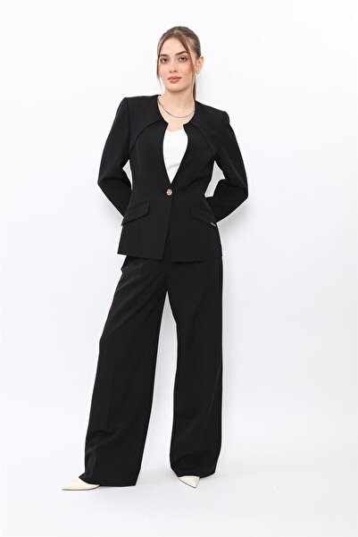 ÖNDER ÖZSOY Zero Collar Single Button Sport Coat & Classic Palazzo Women's Tr...