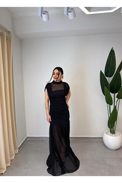 MARGA Tül Sandy Drapeli Elbise Siyah