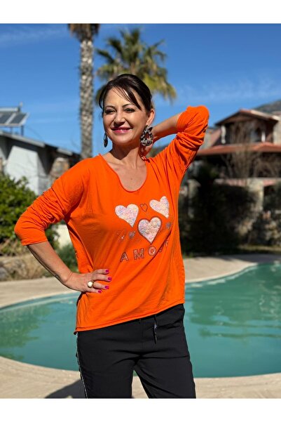 Punta Otantik Yg27080 Amour Printed Italian Coton Blouse Orange