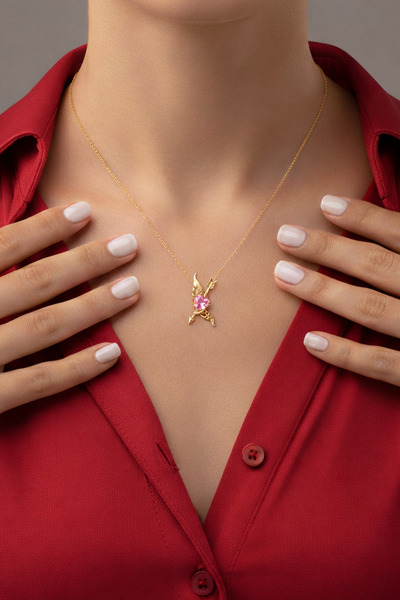 14 Ayar Altın Eros'un Oku Pembe Kalp Kolye