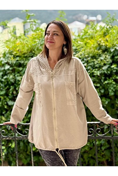 Punta Otantik Yg11344 Hooded Laced Italian Sequined Jacket Cream